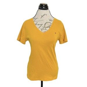 Tommy Hilfiger Womens Blouse Top Yellow Size Large V Neckline Short Sleeve Logo
